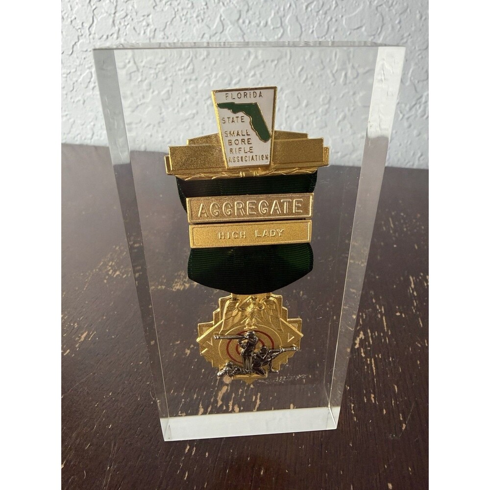Vintage Florida State Rifle Association Award Medal Acrylic Encased High Lady